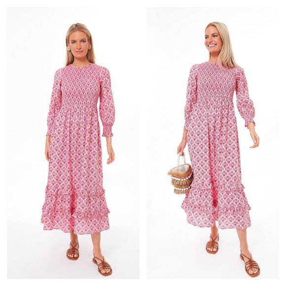 Pink City Prints Dresses & Skirts - Pink City Prints Isabel Midi Dress Pink Floral Smocked High Neck Sz M Tuckernuck